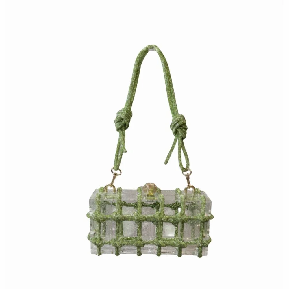 Clear Green Acrylic Box Clutch Purse Beaded Net Overlay Top Handle